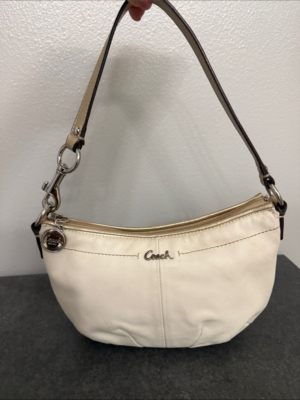 Coach Cream Leather Shoulder Hobo Bag with Gold Trim